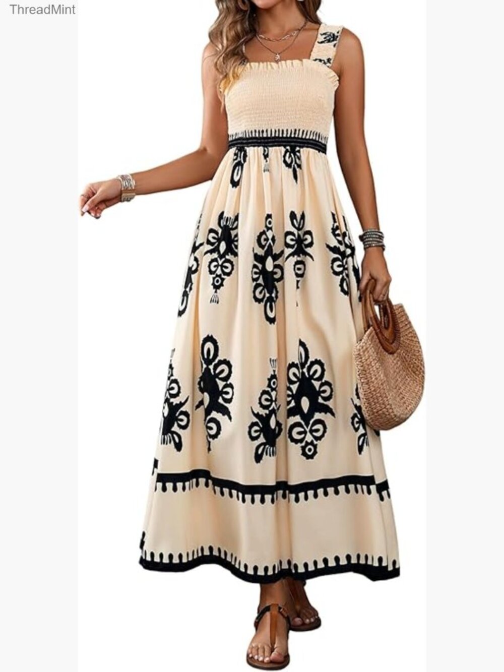 Square Neck Boho Maxi Dress - Flowy Summer Sundress, Sleeveless, Smocked